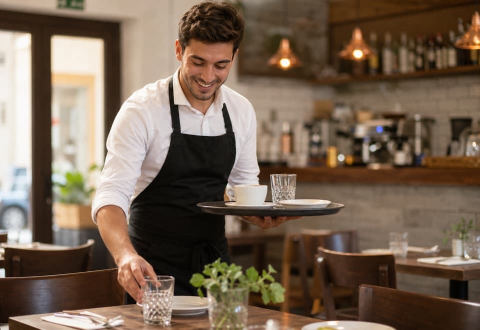 Waiter serving a restaurant table for CUINER/A